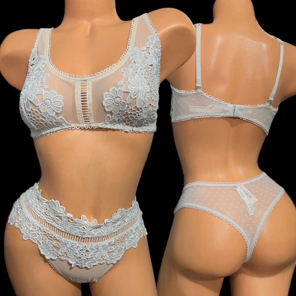 Victoria’s Secret set Dream Angels Mesh floral appliqué bralette panty gray M
